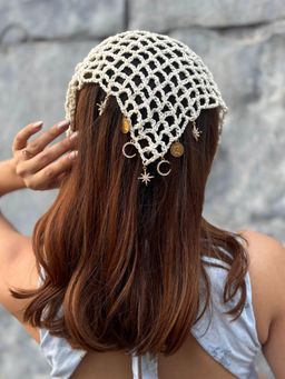 Hair Drama Co. - Off White Bohemian Crochet Headscarf with Celestial Charms