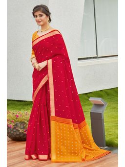 Sangam Prints - Red Cotton Woven Work Traditional Saree with Unstitched Blouse