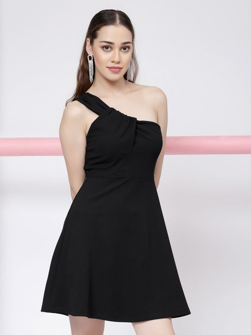 Buy KASSUALLY Black One Shoulder A-Line Skater Dress Online