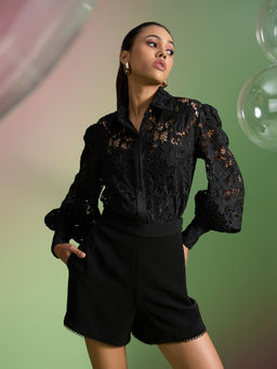 RSVP by Nykaa Fashion - Black Floral Laced Collared Shirt A Line Shorts Co Ord Set
