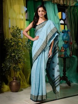 CHARUKRITI - Sky Blue Pure Cotton Handwoven Soft Saree With Tample Border with Unstitched Blouse