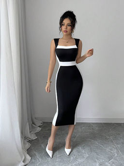 Outzidr - Women Black Polyester Blend Color Block Midi Dress