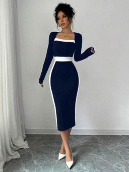 Outzidr - Women Navy Blue Polyester Blend Color Block Midi Dress