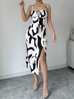 Outzidr - Women White Polyester Blend Printed Midi Dress