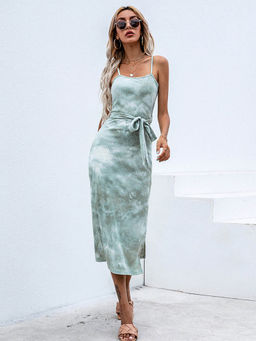 Outzidr - Women Green Cotton Blend Printed Midi Dress