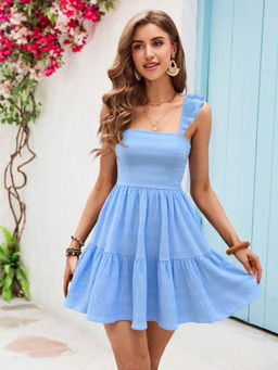 Outzidr - Women Blue Polyester Blend Solid/Plain Mini Dress