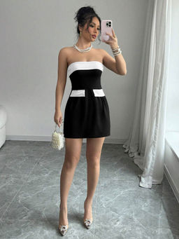 Outzidr - Women Black Polyester Blend Solid/Plain Mini Dress