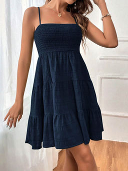 Outzidr - Women Navy Blue Polyester Blend Textured Mini Dress