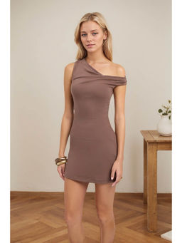 Outzidr - Women Brown Polyester Blend Solid/Plain Mini Dress