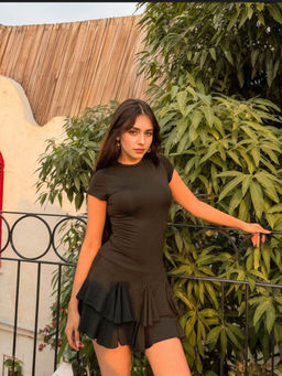 Outzidr - Women Black Polyester Blend Solid/Plain Mini Dress