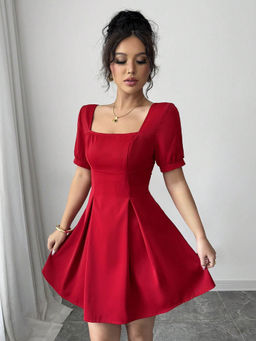 Outzidr - Women Red Polyester Solid/Plain Mini Dress