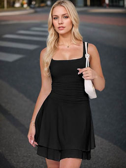 Outzidr - Women Black Polyester Blend Solid/Plain Mini Dress