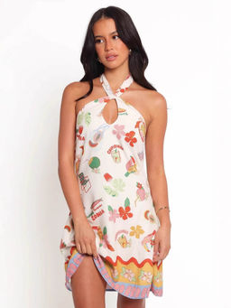 Outzidr - Women White Polyester Printed Mini Dress