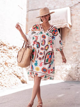 Outzidr - Women White Polyester Printed Mini Dress