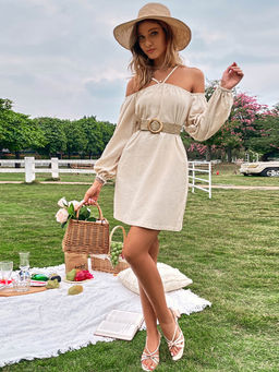 Outzidr - Women Off White Cotton Solid/Plain Mini Dress