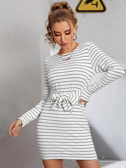 Outzidr - Women White Cotton Blend Stripes Mini Dress