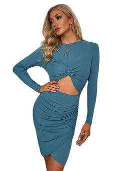 Outzidr - Women Blue Viscose Blend Solid/Plain Mini Dress