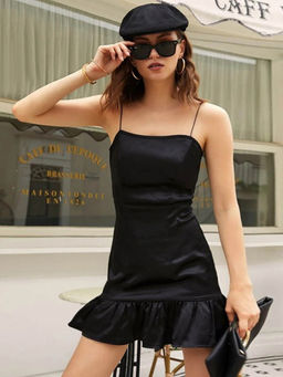 Outzidr - Women Black Polyester Solid/Plain Mini Dress