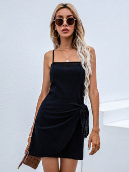 Outzidr - Women Black Cotton Solid/Plain Mini Dress