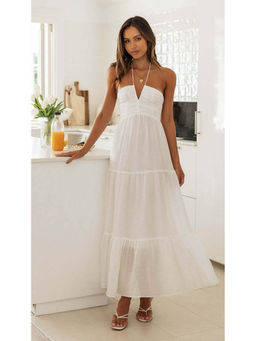 Outzidr - Women White Polyester Solid/Plain Maxi Dress