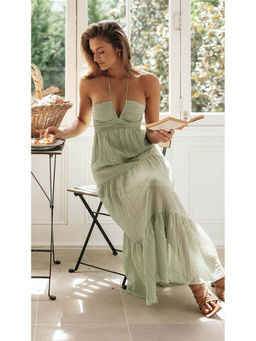 Outzidr - Women Green Polyester Solid/Plain Maxi Dress