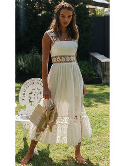 Outzidr - Women White Polyester Embroidered Midi Dress