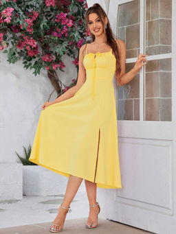 Outzidr - Women Yellow Polyester Blend Solid/Plain Midi Dress