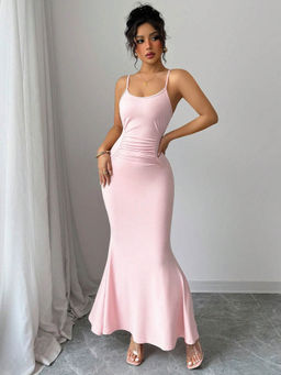 Outzidr - Women Pink Polyester Blend Solid/Plain Maxi Dress