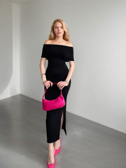 Outzidr - Women Black Polyester Blend Solid/Plain Maxi Dress