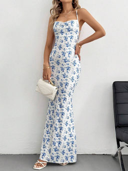Outzidr - Women Blue Polyester Blend Floral Maxi Dress