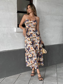 Outzidr - Women Multi-Color Polyester Floral Maxi Dress