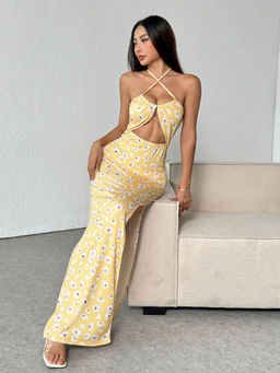 Outzidr - Women Yellow Polyester Blend Floral Maxi Dress