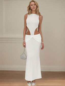 Outzidr - Women Off White Polyester Blend Solid/Plain Maxi Dress