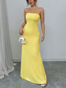 Outzidr - Women Yellow Polyester Blend Solid/Plain Maxi Dress