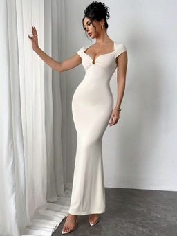 Outzidr - Women Off White Polyester Blend Solid/Plain Maxi Dress