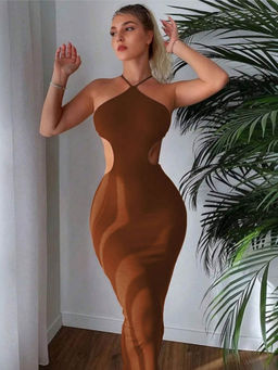Outzidr - Women Brown Polyester Blend Solid/Plain Maxi Dress