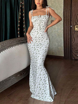 Outzidr - Women White Polyester Blend Floral Maxi Dress