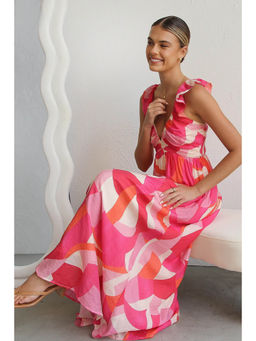 Outzidr - Women Red Polyester Floral Maxi Dress