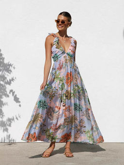 Outzidr - Women Multi-Color Polyester Floral Maxi Dress
