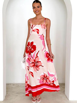 Outzidr - Women Red Polyester Floral Maxi Dress