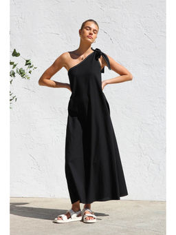 Outzidr - Women Black Polyester Solid/Plain Maxi Dress