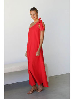 Outzidr - Women Red Polyester Solid/Plain Maxi Dress