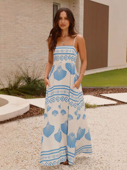 Outzidr - Women Blue Polyester Printed Maxi Dress