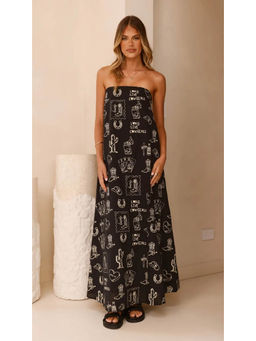 Outzidr - Women Black Polyester Printed Maxi Dress