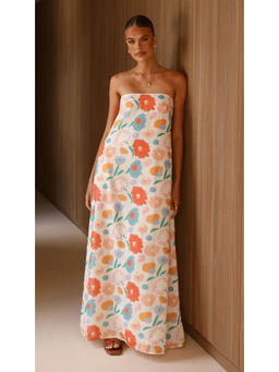 Outzidr - Women White Polyester Floral Maxi Dress