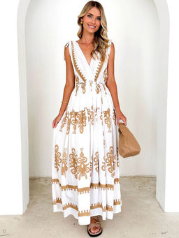 Outzidr - Women White Polyester Printed Maxi Dress
