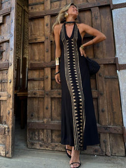 Outzidr - Women Black Polyester Printed Maxi Dress