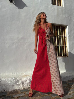 Outzidr - Women Red Polyester Stripes Maxi Dress