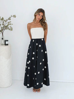 Outzidr - Women Black Polyester Polka Dots Maxi Dress