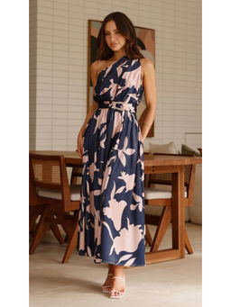 Outzidr - Women Navy Blue Polyester Printed Maxi Dress